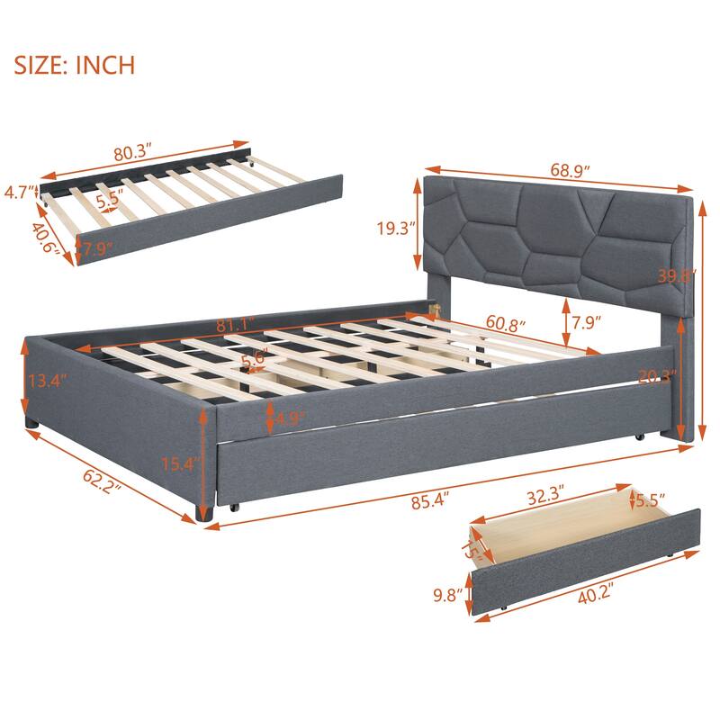 Gray Linen Upholstered Platform Bed: Brick Pattern Headboard, Trundle ...