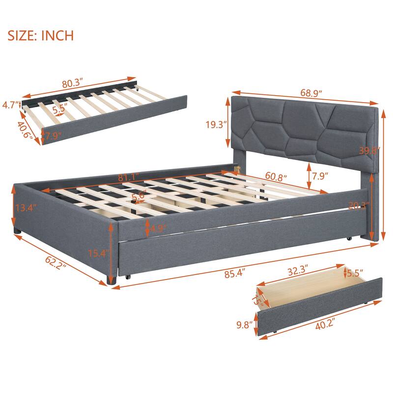 Queen Platform Bed with Twin XL Trundle and 2 Storage Drawers, Linen Upholstered Storage Bed Frame with Brick Pattern Headboard