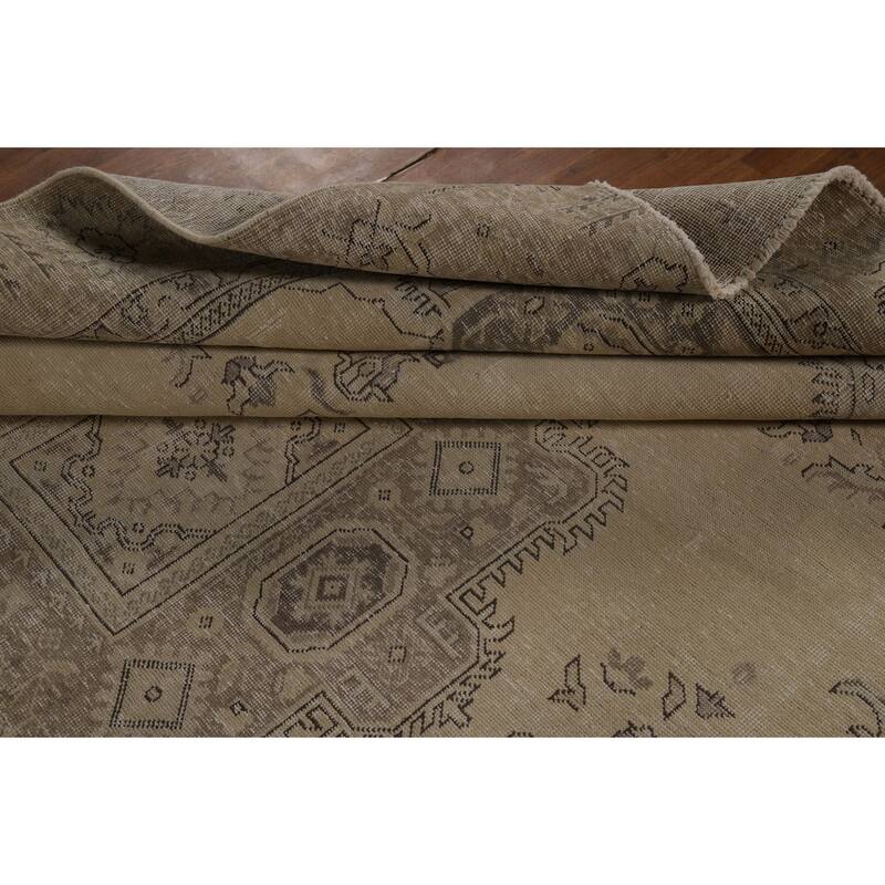Geometric Beige Tabriz Persian Vintage Rug Handmade Wool Carpet - 8'11" x 11'5"