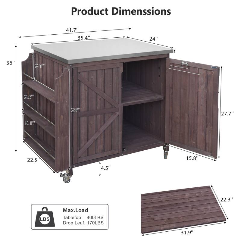 42.1" Outdoor Kitchen Island with Stainless Steel Top, Outdoor Grill Cart with Storage Cabinet and Adjustable Shelf