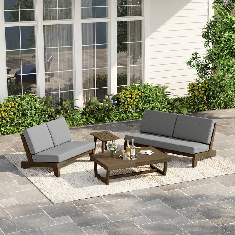Casual Teak Outdoor Patio Conversation Set with Cushioned Sofa Loveaseat