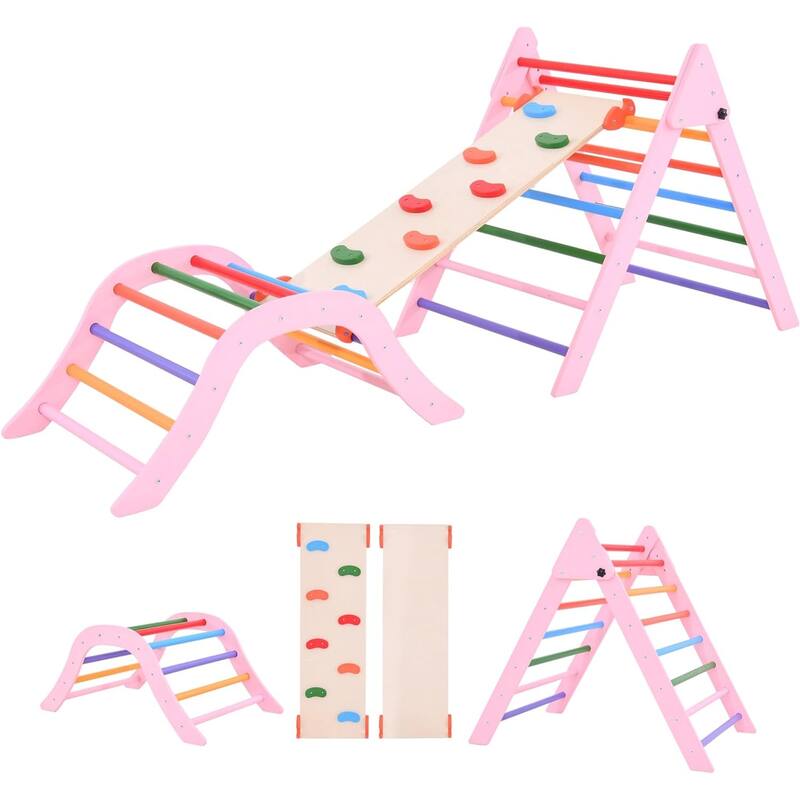 7 in 1 Pikler Triangle Gym, Montessori Foldable Wooden Climber with Ramp - Pink