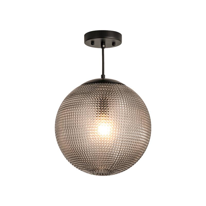 1-Light Modern Indoor Matte Black Finish Kitchen Island Pendant Lights with Globe Diamond Textured Grey/Clear Glass Shade