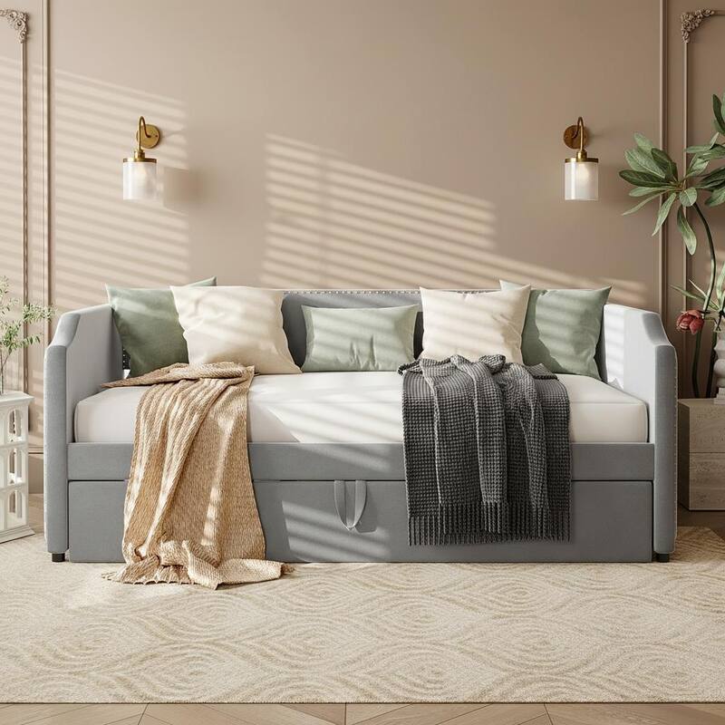 Velvet Twin Daybed with Elevating Pop-Up Trundle & Nailhead Trim by Harper&Bright Designs - Grey