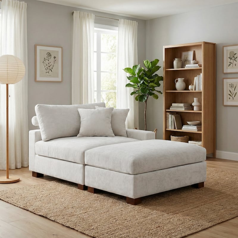 Oversized Chenille Modular Armchair And Ottoman Set Living Room Set - Off-White - Right facing