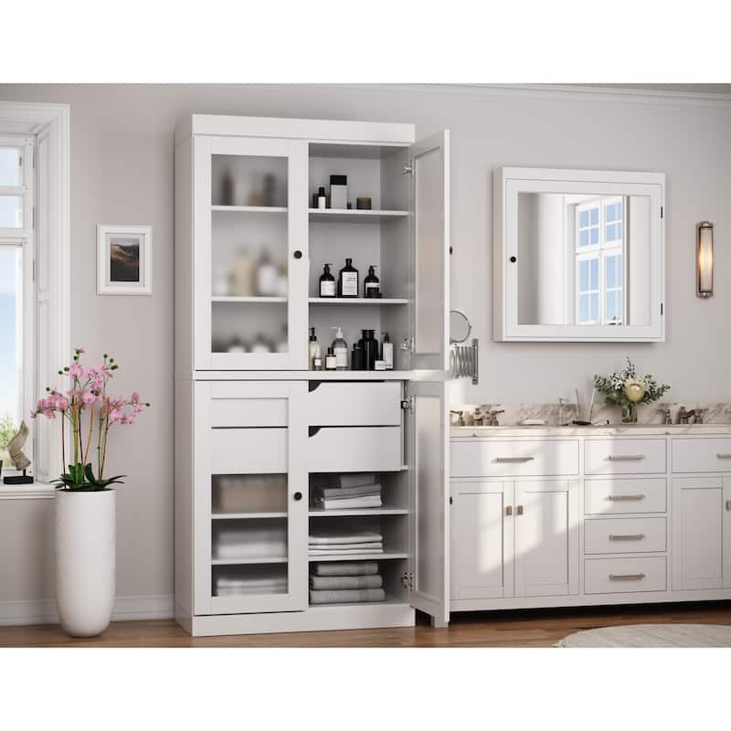 Palace Imports 100% Solid Wood 32" Bathroom Cabinet with Frosted Glass Doors, 2-Drawers and Adjustable Shelves - White