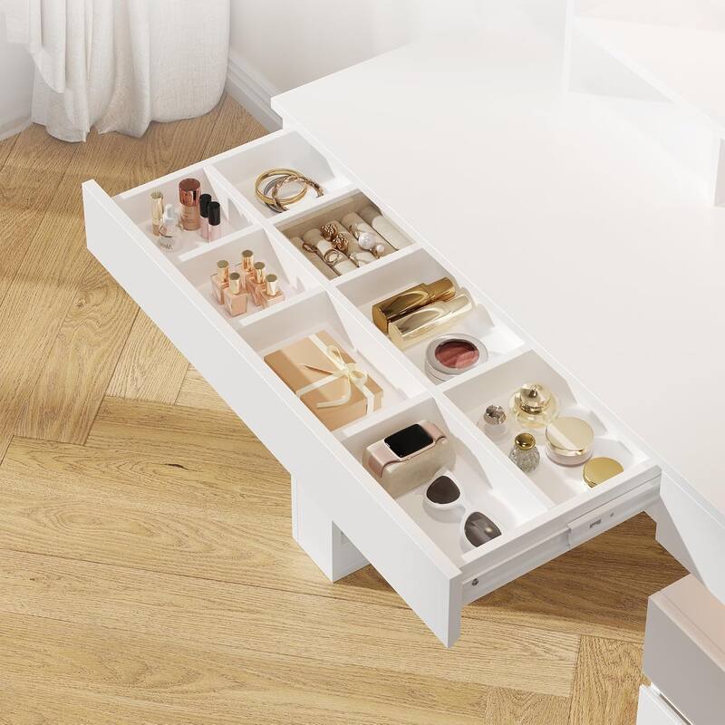 Vanity Desk with Lighted Mirror, Makeup Vanity Table with 3 Storage Drawers and 11 Shelves