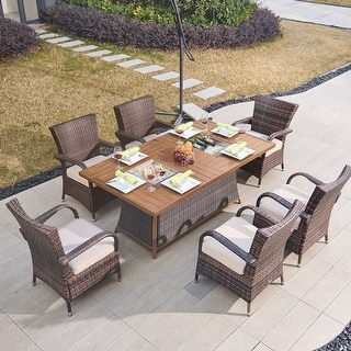 7-Piece Brown Aluminum Wicker Patio Dining Set with Multifunctional Fire Pit Table