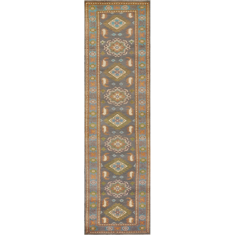 Gray Geometric Kazak Oriental Runner Rug Handmade Grey Wool Carpet - 2'1" x 10'1"