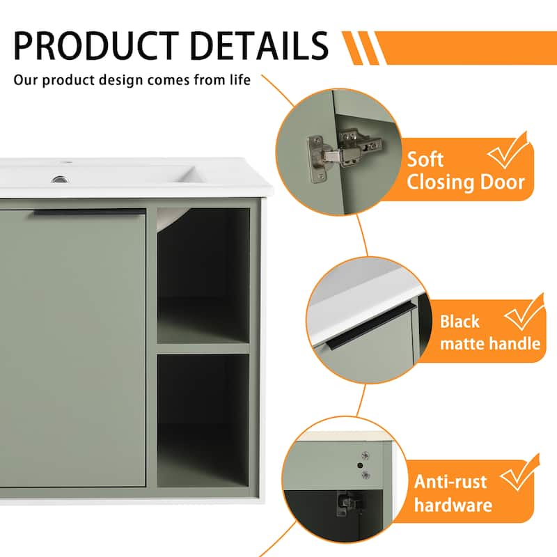 Bathroom Vanity With Sink In 24/30 Inch, Floating Bathroom Vanity With Soft Close Door