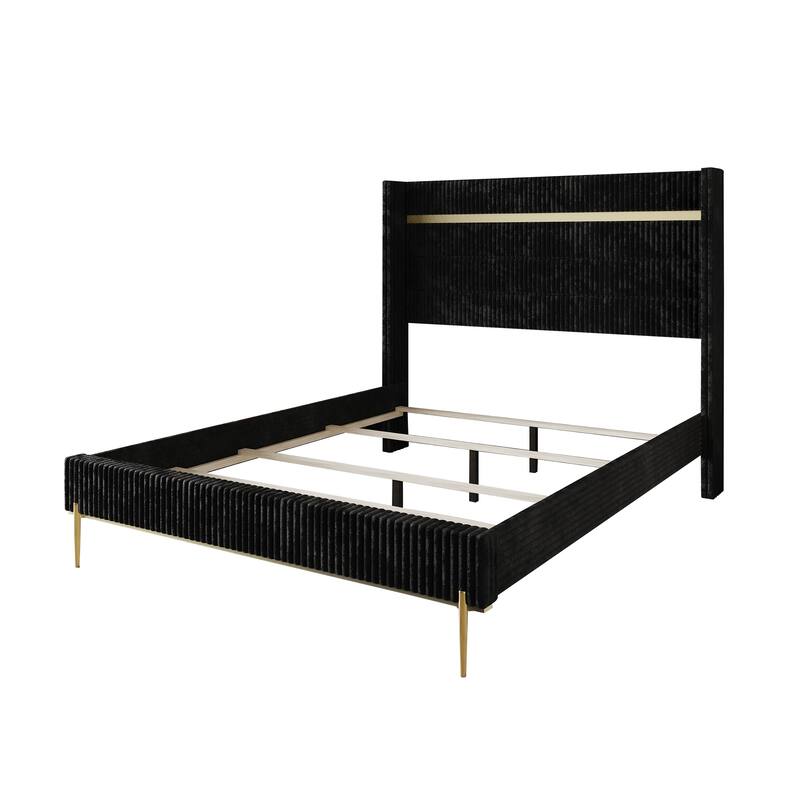CraftPorch Luxurious Gold PU Strip Wingback Velvet Upholstered Bed