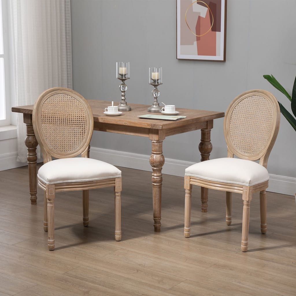 HOMCOM French-Style Upholstered Dining Chair Set, Armless Accent Side Chairs with Rattan Backrest and Linen-Touch Upholstery