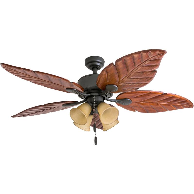 52" Honeywell Royal Palm Bronze LED Ceiling Fan with Light, Hand Carved Solid Wood Blades