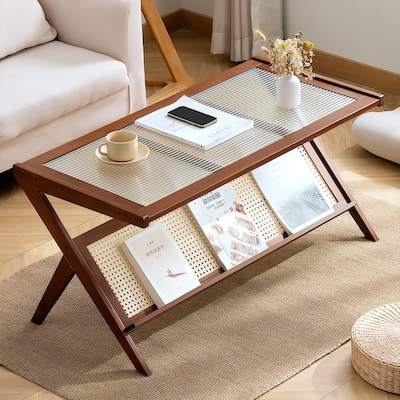 Mid Century Rattan Coffee Table with Glass Top for Living Room