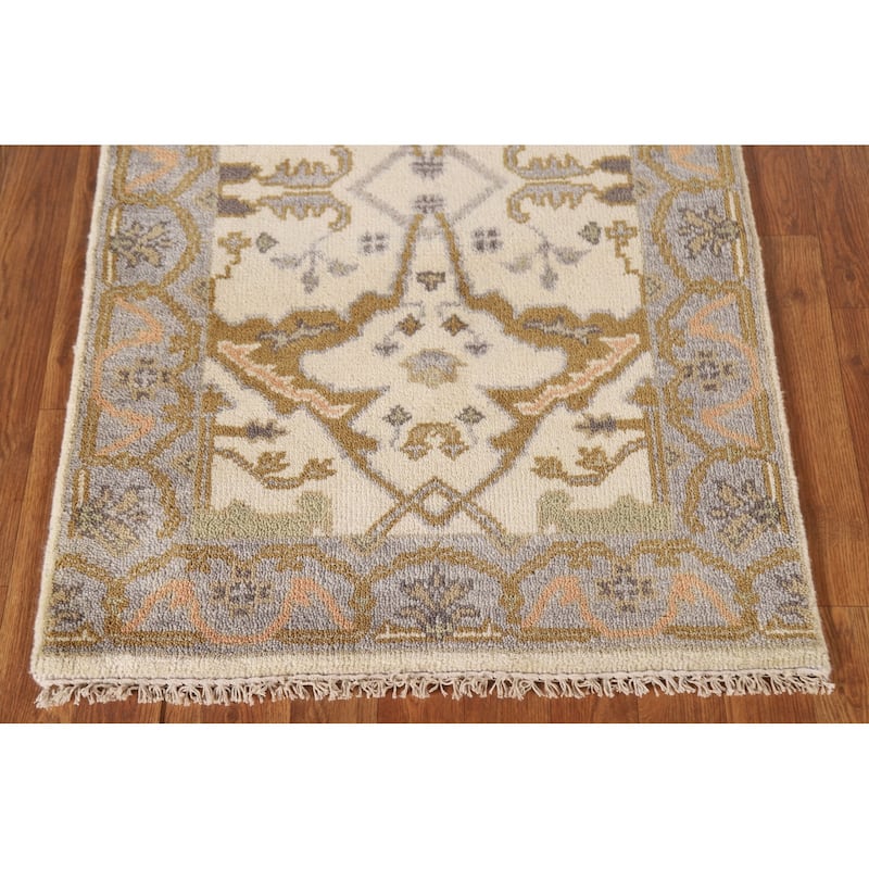 Geometric Oushak Oriental Runner Rug Handmade Wool Carpet - 2'7"x 7'11"