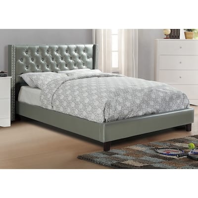 Full Size Bed 1pc Bed Set Silver Faux Leather Upholstered Tufted Bed Frame Headboard Bedroom Furniture