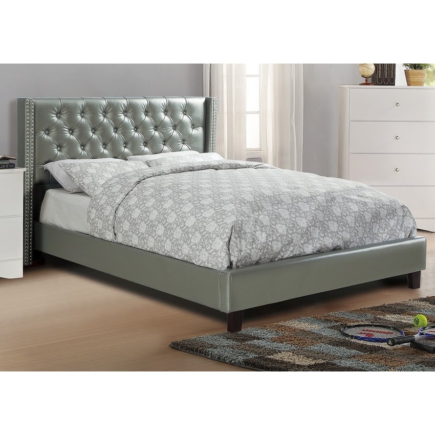 Full Size Silver Faux Leather Upholstered Tufted Bed Frame