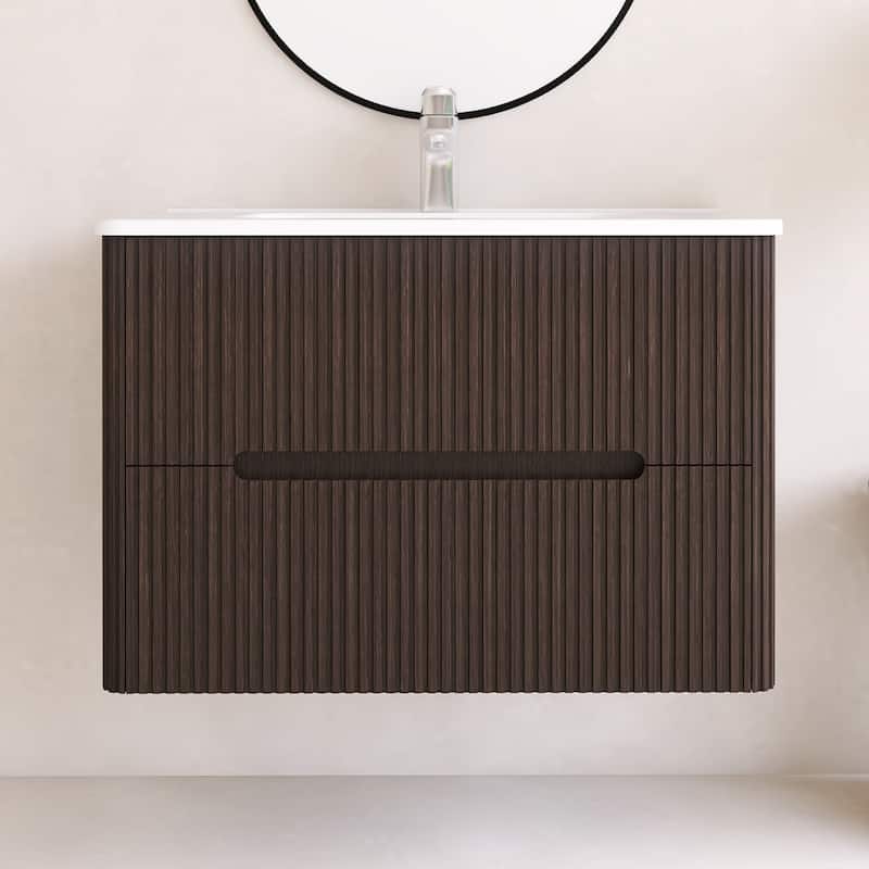 Emma 30 inch Wall-Mounted Bathroom Vanity Set with Integrated Ceramic Sink - 30"x18"x20" - Black