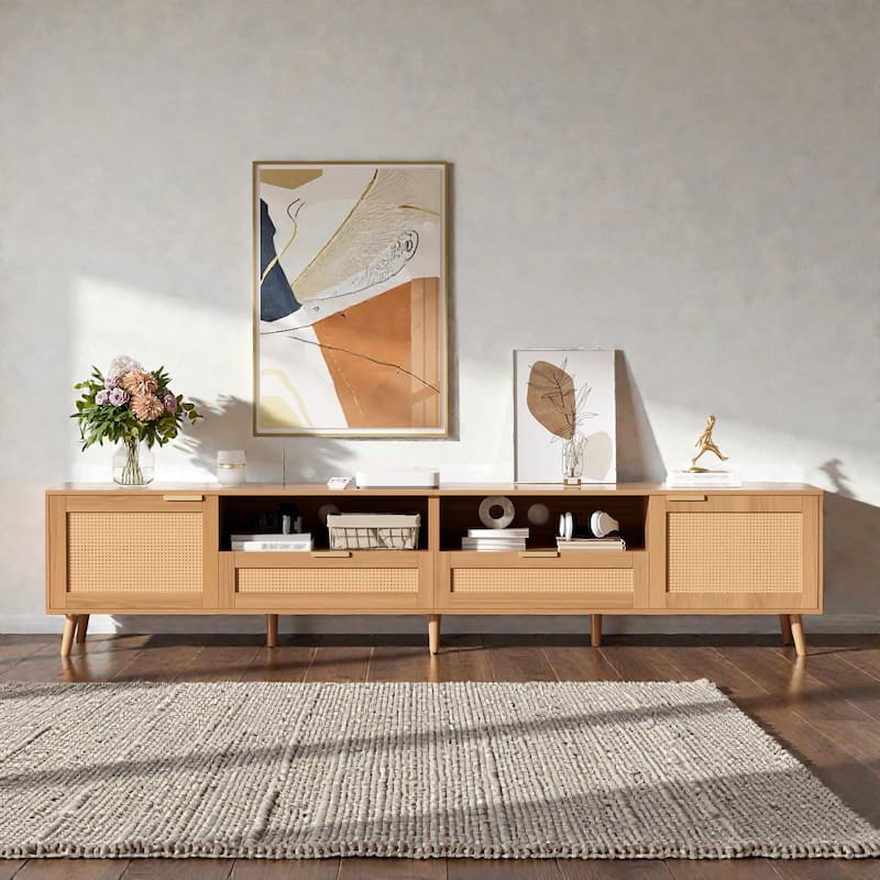 86.6" Rattan TV Stand for TVs up to 90 Inch, Modern Farmhouse Media Console with Solid Wood Legs and Storage