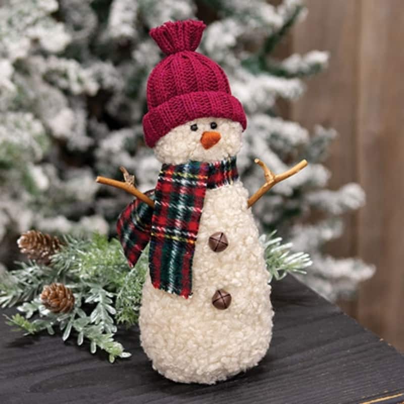 Burgundy Hat Snowman with Green and Red Plaid Scarf Decor - 3.50" x 3" x 9.50"