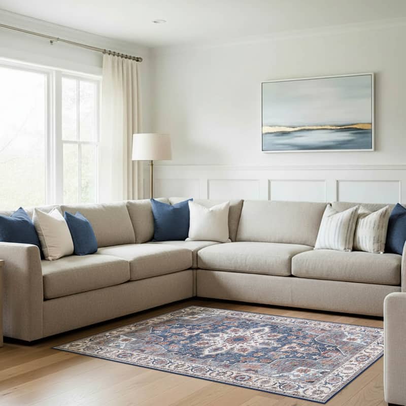 Wyatt & Ash Dream Mink Printed Chenille Rugs - Navy - 5'3" x 7'5"