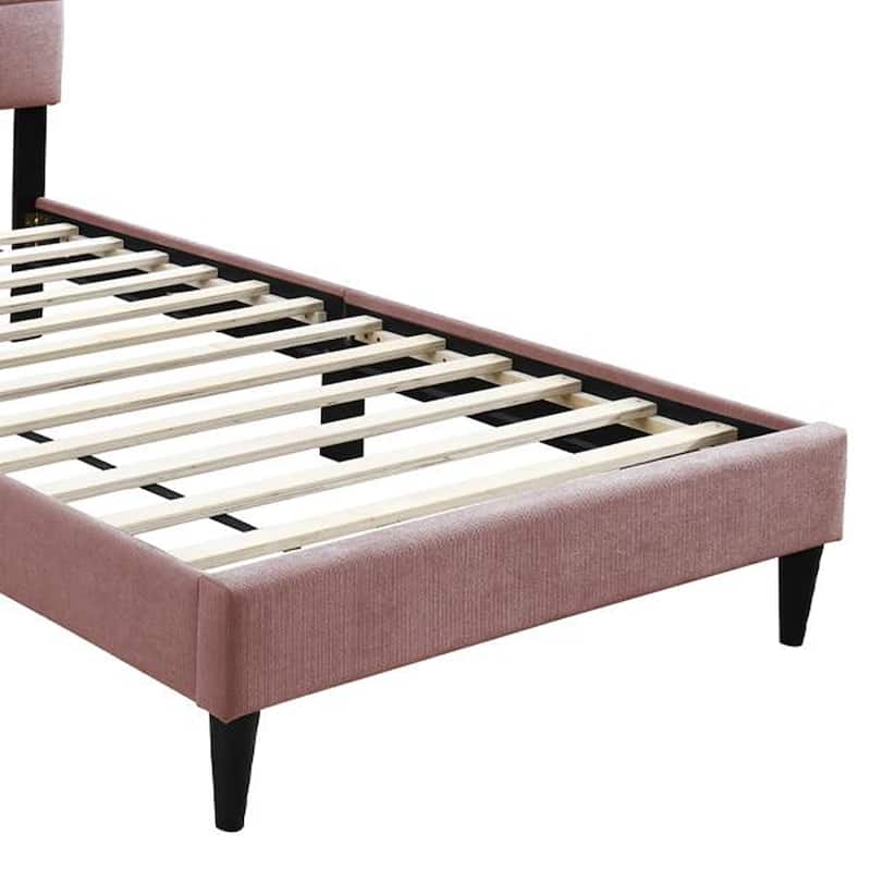 Lilian Twin Bed, Tufted Pink Linen Upholstery, Biscuit Tufted Stitch