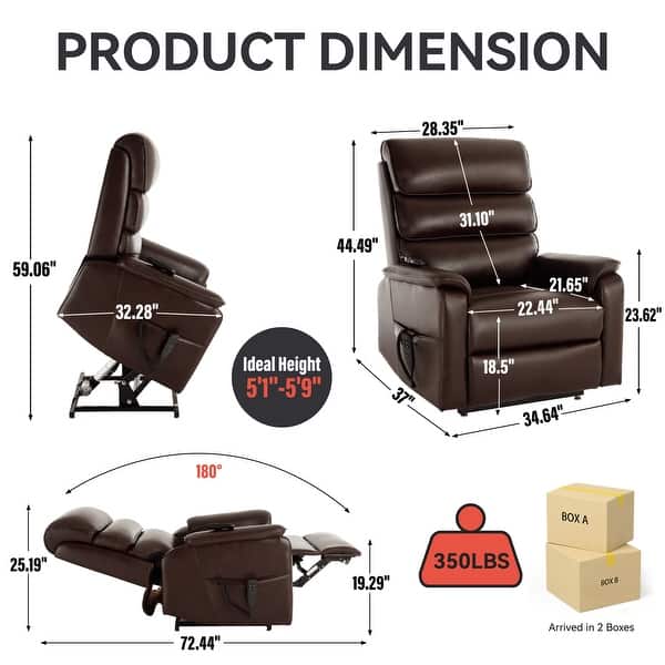 dimension image slide 15 of 18, Dual Motor Power Lift Recliner Chair with Power-Remote & Heat Massage, Electric Leather Adjustable Reclining Sofa