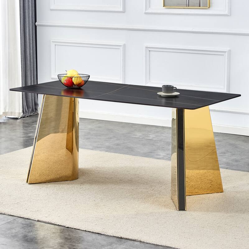 Roomfitters Black Marble Dining Table with Scratch Resistant Top and Silver Stainless Butterfly Legs, Black