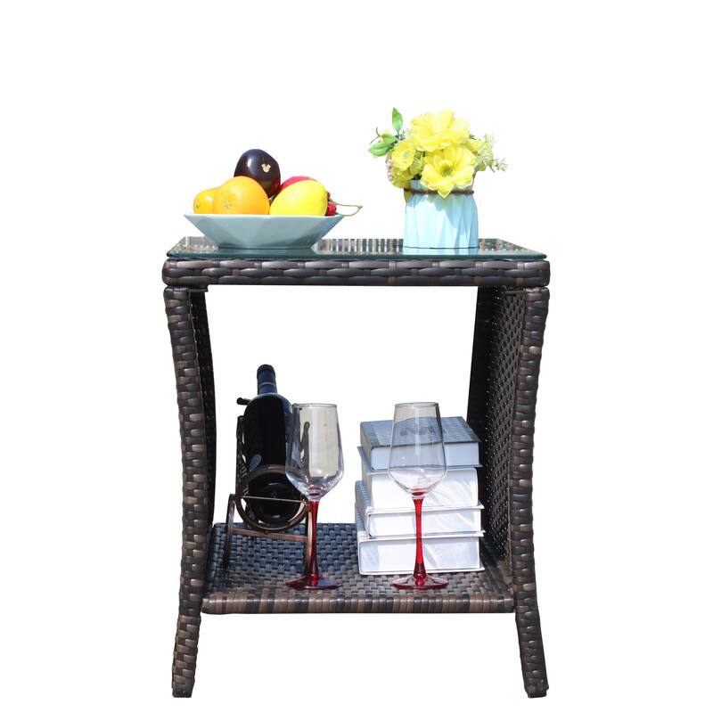 Anmytek Gray Rattan Side Table with Tempered Glass Top Indoor Outdoor Wicker Patio Table Double Tier Storage - 19.25*19.25