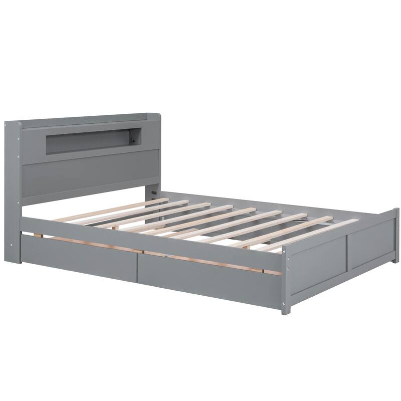 Queen Size Platform Bed with LED Headboard & 2 Drawers & Trundle, Grey