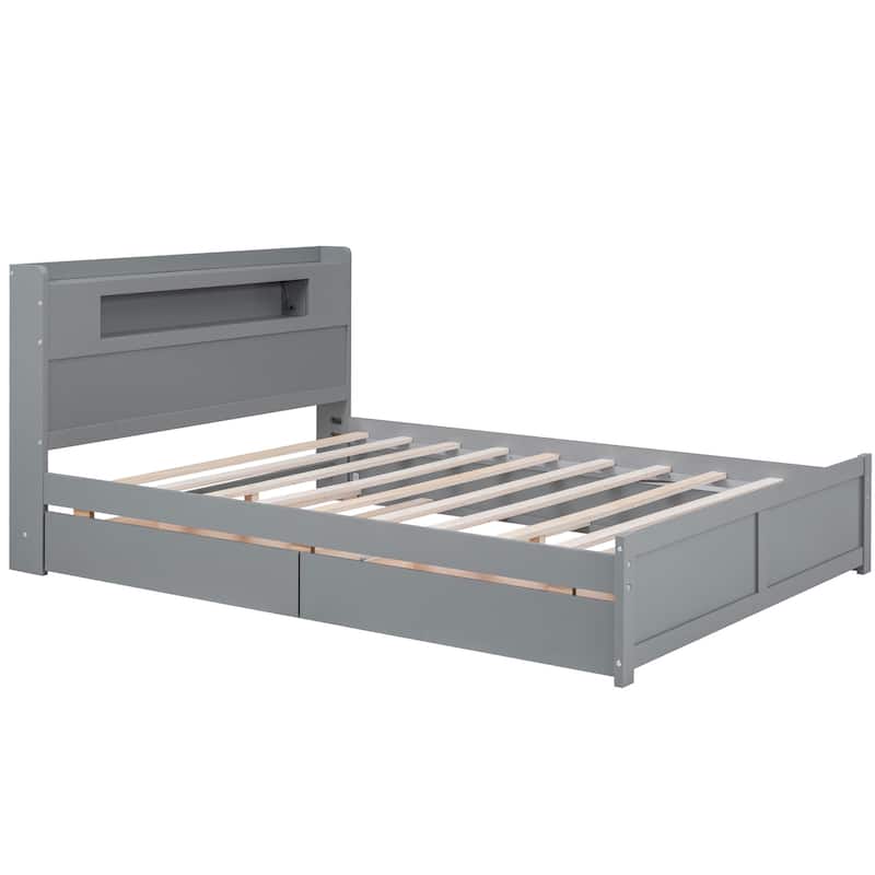 Queen Size Wood Storage Platform Bed with LED, 2 Drawers and 1 Twin Size Trundle, Gray