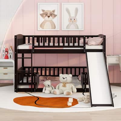 Solid Wood Low Bunk Bed with Slide,Fence and Ladder