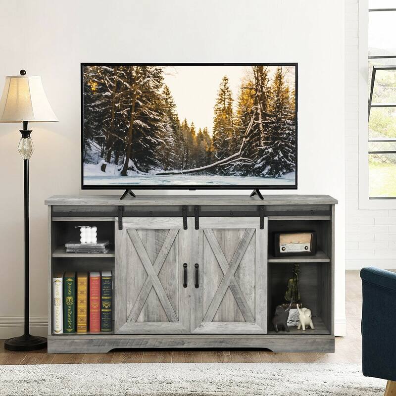 59" TV Stand with Adjustable Shelf and Sliding Barn Door Cabinet - 59" x 16" x 32" (L x W x H)