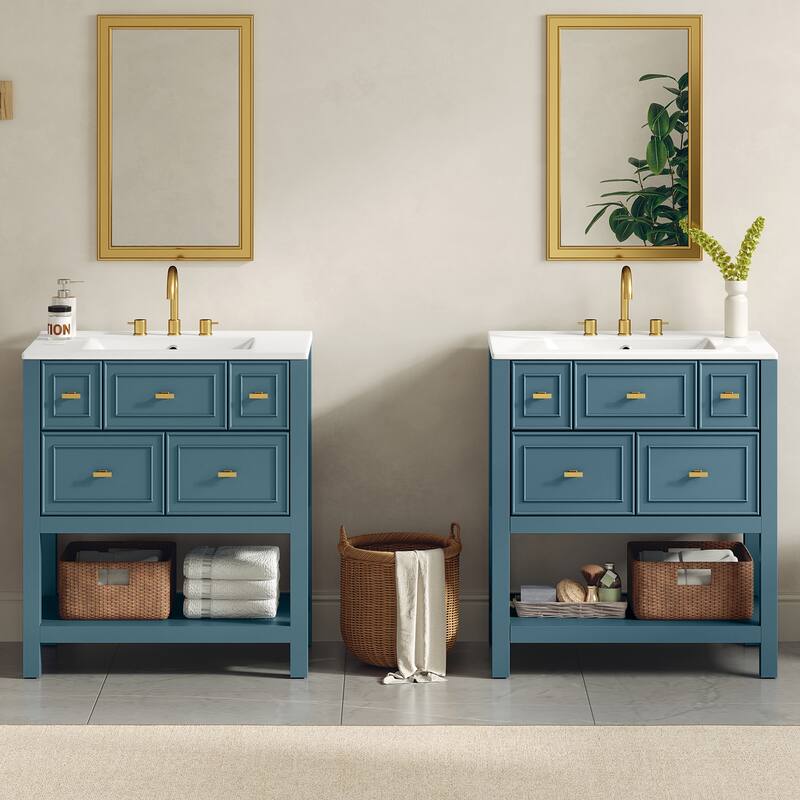 2-Piece Bathroom Vanity Set, 60" Bathroom Vanity Set with Ceramic Sink (Separate), Solid Wood Frame Bathroom Storage Cabinet