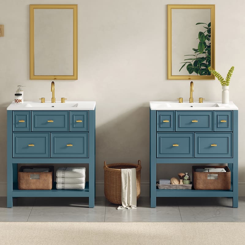 Roomfitters 60" Freestanding Bathroom Vanity with Ceramic Sink, Solid Wood Cabinet with Drawers & Open Storage Shelf