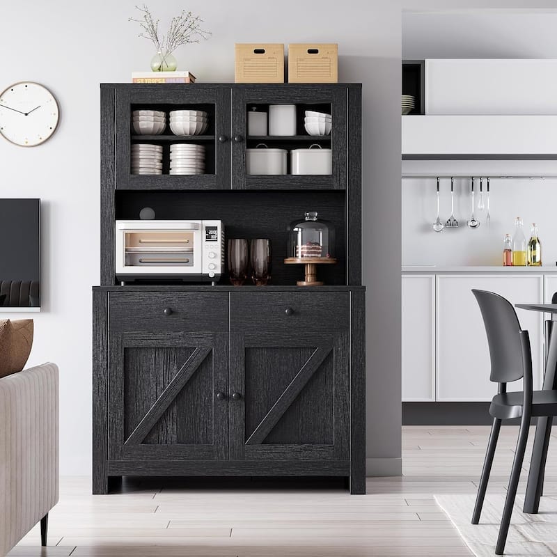 Kitchen Pantry Storage Cabinet with Microwave Stand & Coffee Bar Cabinet,Freestanding Hutch Cabinet with 4 Doors