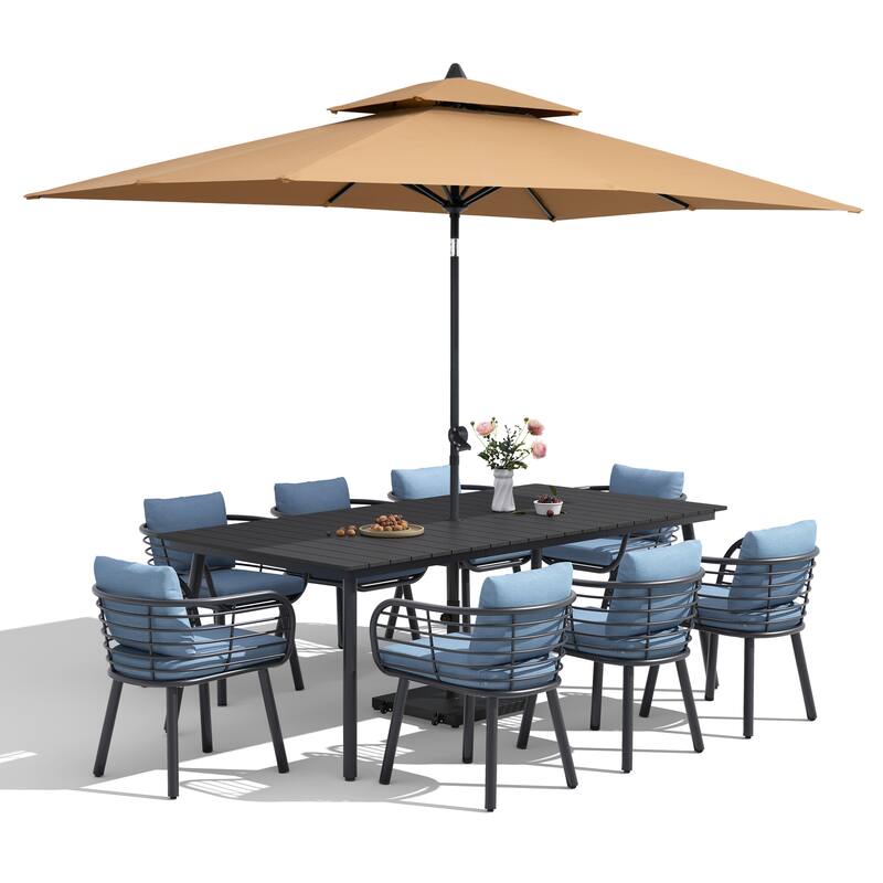 11-Piece Outdoor Patio Dining Set with Sunbrella Cushion Aluminum Dining Table and Chairs w/10 ft Umbrella and Base with Wheels