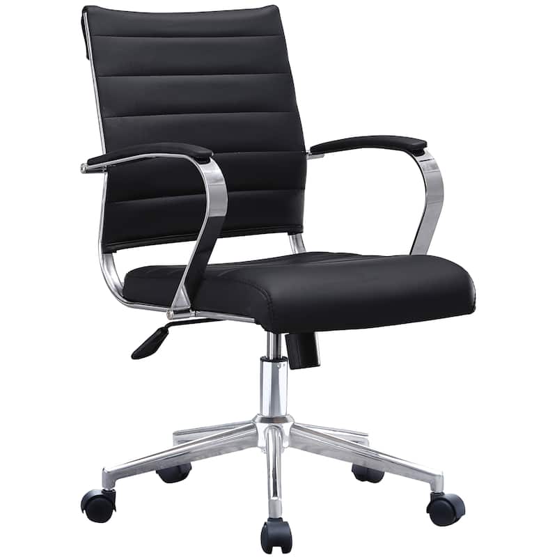 Modern Office Desk Chair Mid Back Ribbed PU Leather Armless Conference Task Chair with Padded Foam Seat, Tan - Black
