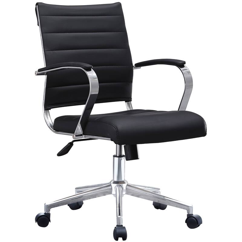 Black Office Chairs Mid Back Ribbed PU Leather Executive Task Work Conference With Arms Wheels Tilt Swivel Rolling - Black W/Chrome