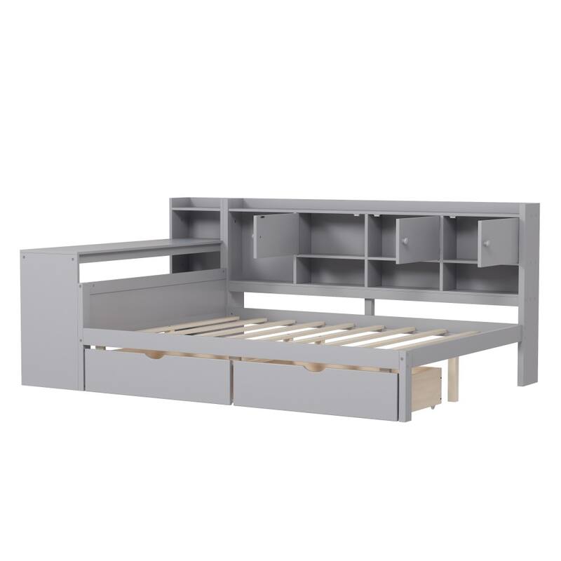 Modern Wooden L-shape Multi-functional Daybed with Study Desk and Built-in Bookshelf