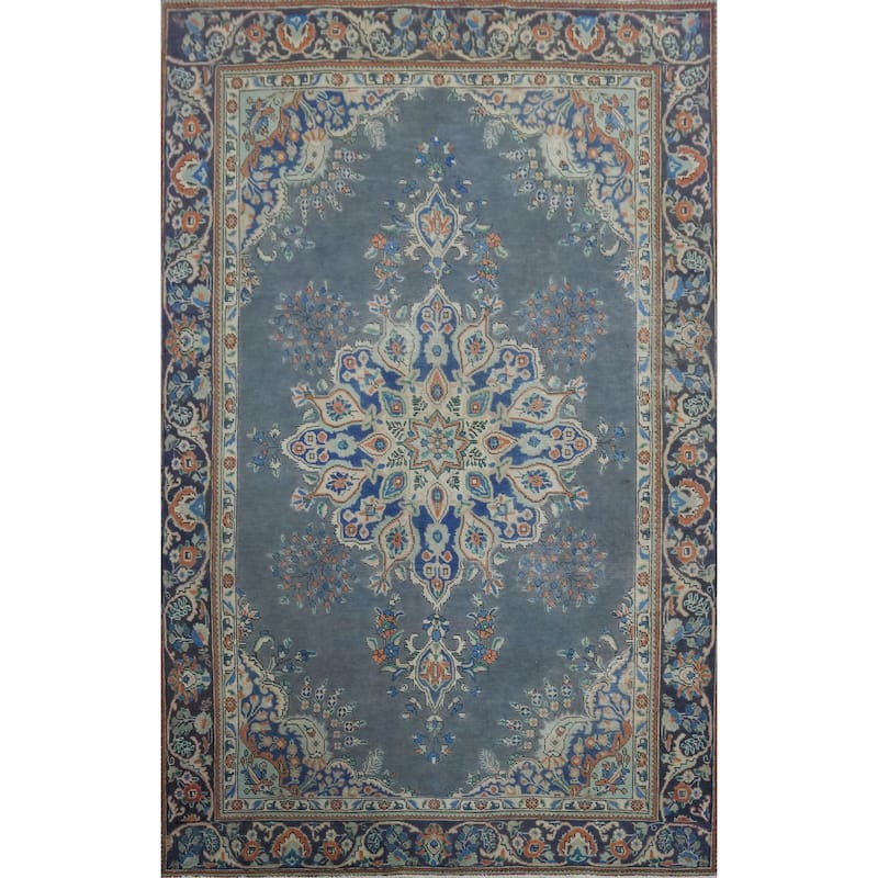 Slate Blue Tabriz Persian Vintage Area Rug Hand-Knotted Wool Carpet - 6'2" x 9'5"