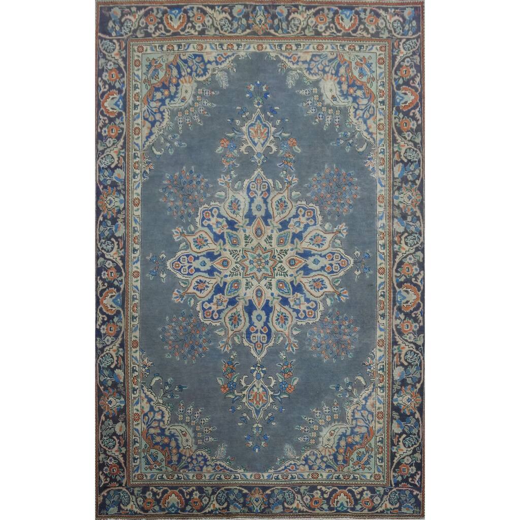 Slate Blue Tabriz Persian Vintage Area Rug Hand-Knotted Wool Carpet - 6'2" x 9'5"
