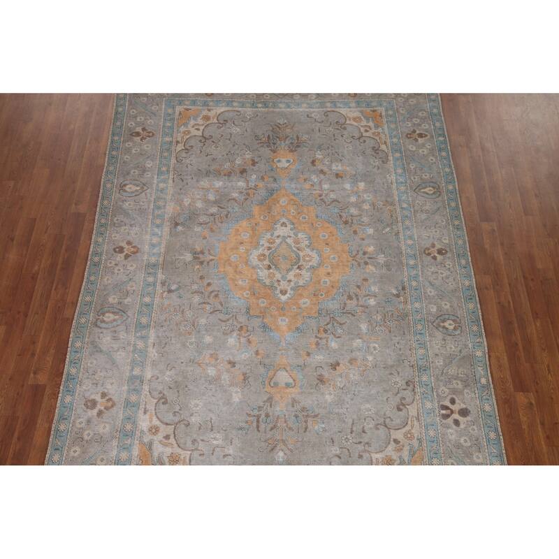 Hand Knotted Oriental 100% Wool Carpet Traditional Medallion Greys & Charcoal Tabriz Area Rug - 9' 9'' X 6' 7''