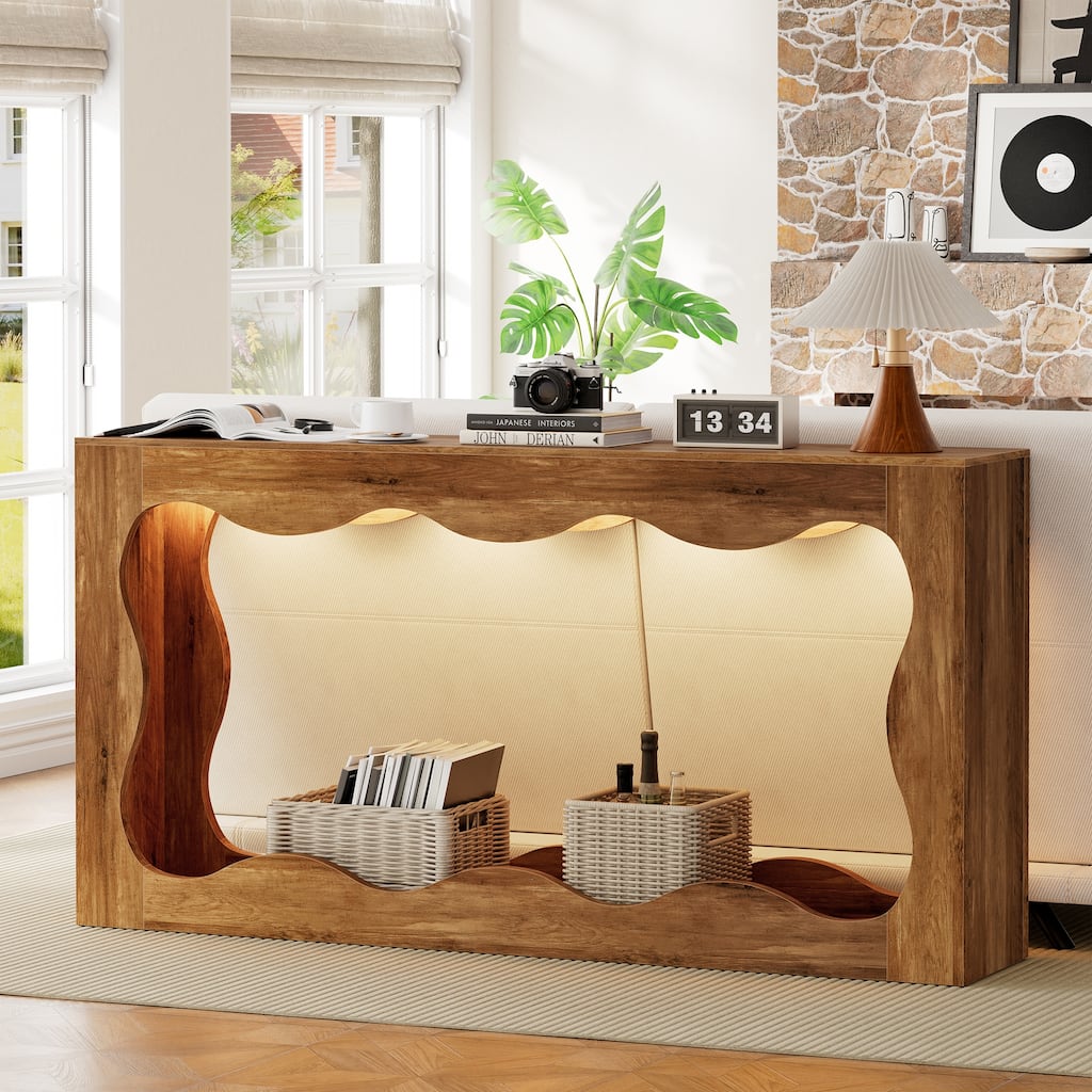 63-Inch Wooden Console Table with RGB & Curved Design, Entryway Table for Entryway Hallway