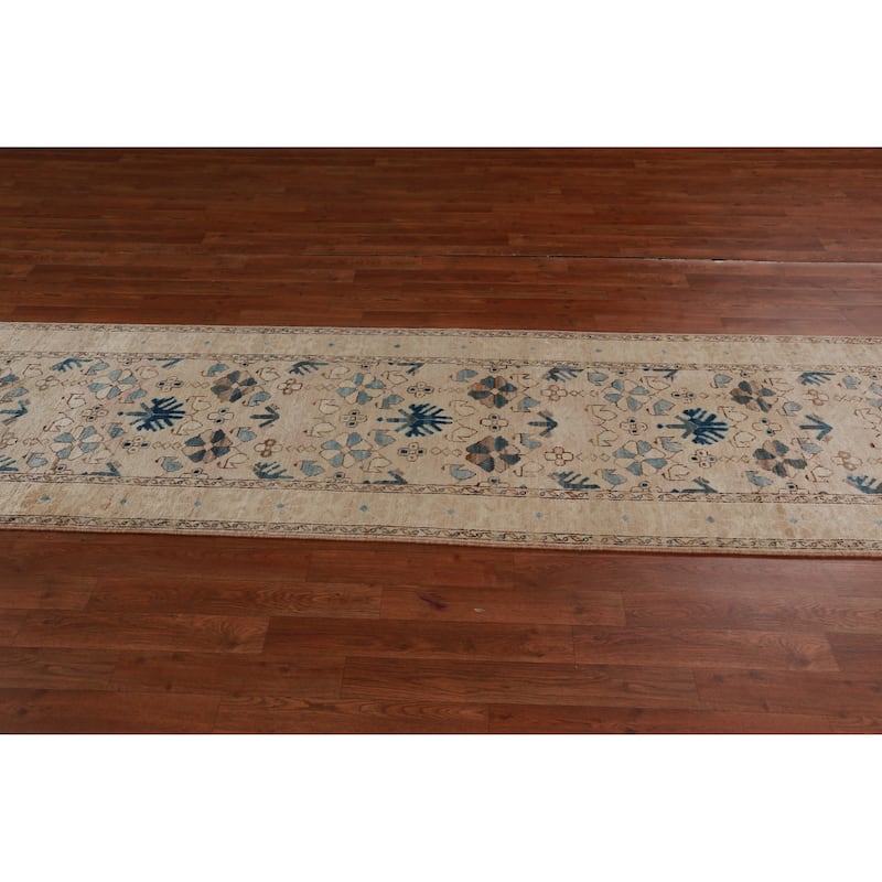 Hand Knotted Oriental 100% Wool Carpet Transitional All-Over Beige & Ivories Oushak Runner Rug - 9' 9'' X 2' 8''