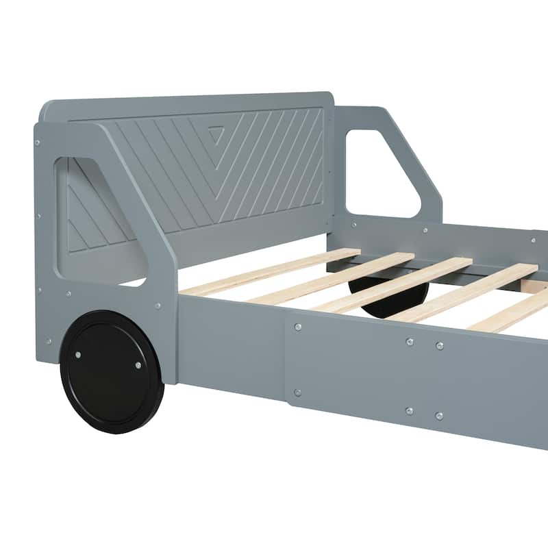 Children's Full Size Platform Bed, Car-Shaped Wooden Bed with Wheels