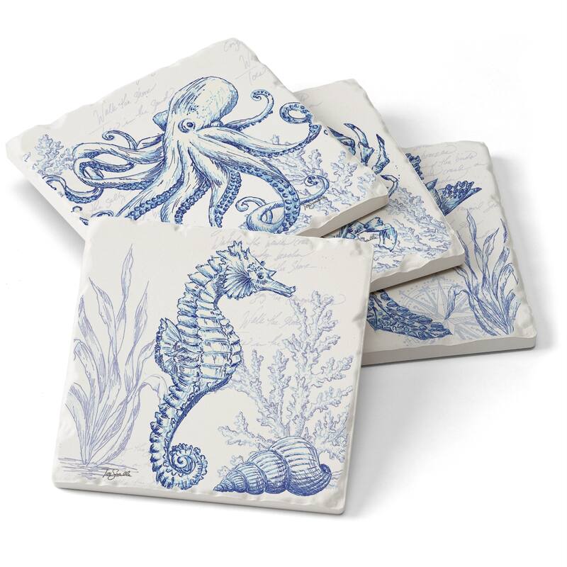 Counterart Absorbent Stone Coaster, Coastal Sketch, Set of 4 - 4.02x4.13