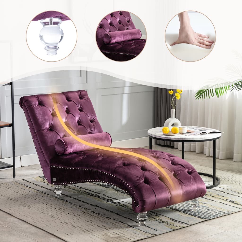 Velvet Chaise Lounge Indoor, Button-Tufted Upholstered Chaise Lounge Chair with Pillow for Bedroom Living Room Office