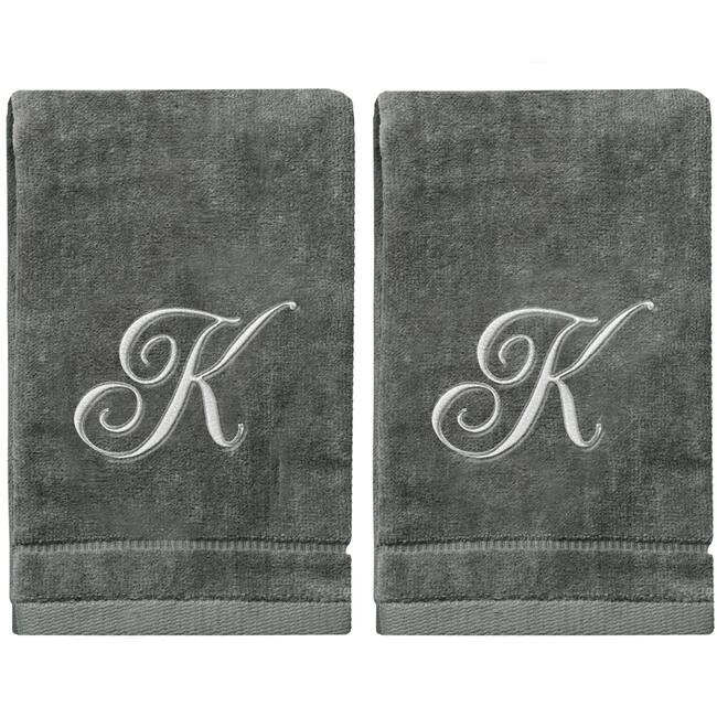Soft Velour Silver Monogrammed Towels Fingertip - Set of 2 - K