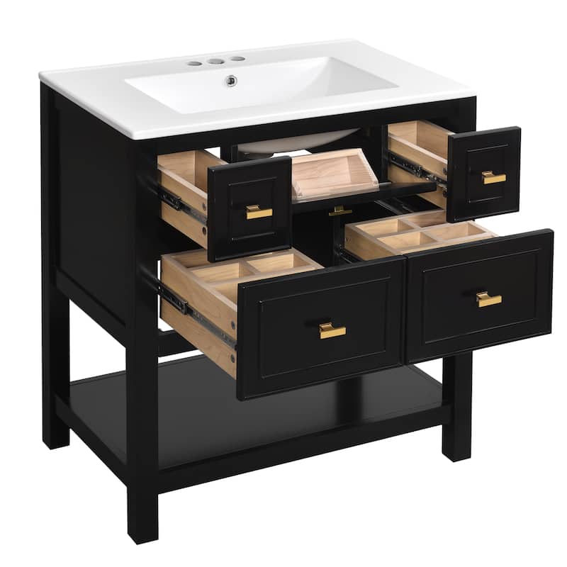 60'' Bathroom Vanity With Ceramic Sink Combo, Free Standing Single Vanity Set With 5 Drawers,Solid Wood FrameStorage Cabinet